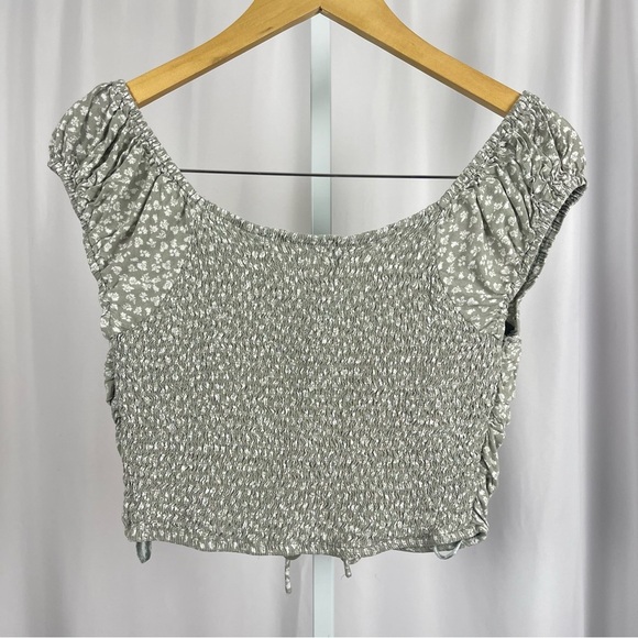Japna Medium Ciottagecore Smocked Floral Retro Ruched Crop Top Olive Green - Picture 2 of 7